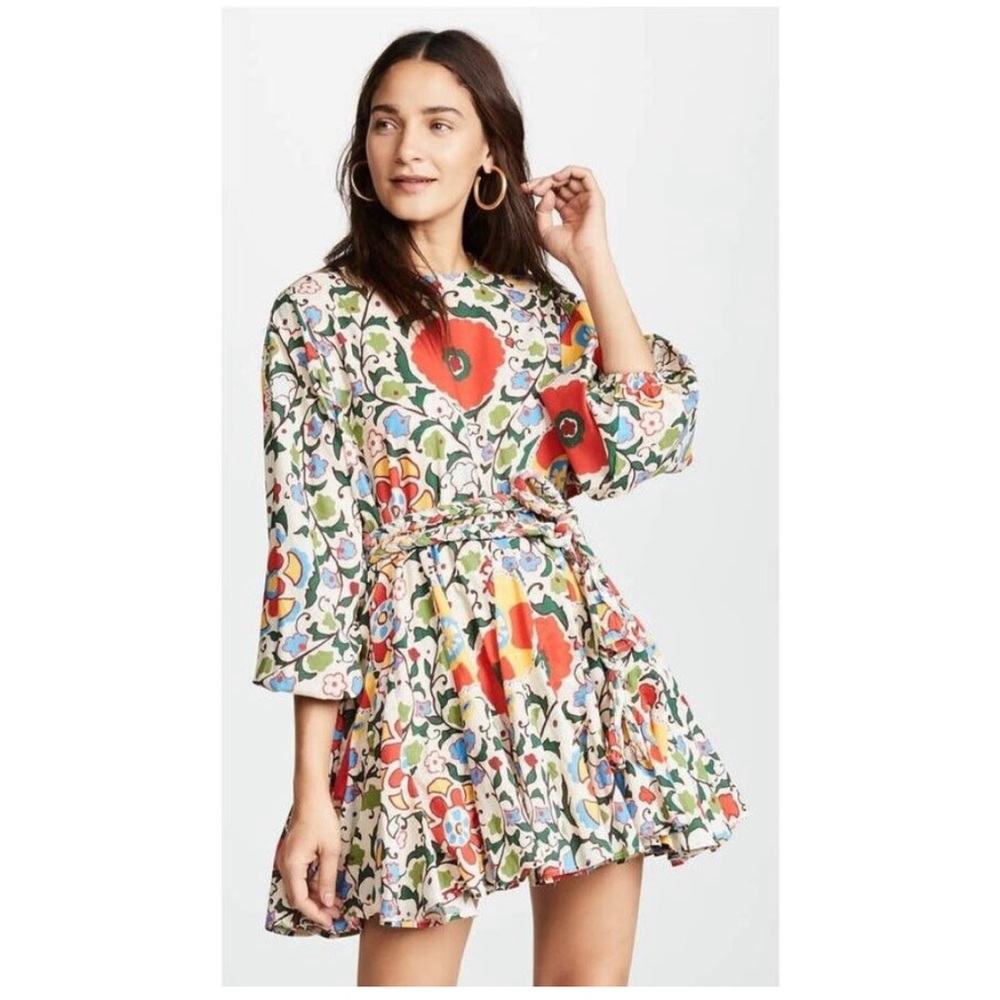 RHODE Resort Ella Red Green Multicolor Floral Belted Cotton Minidress XS